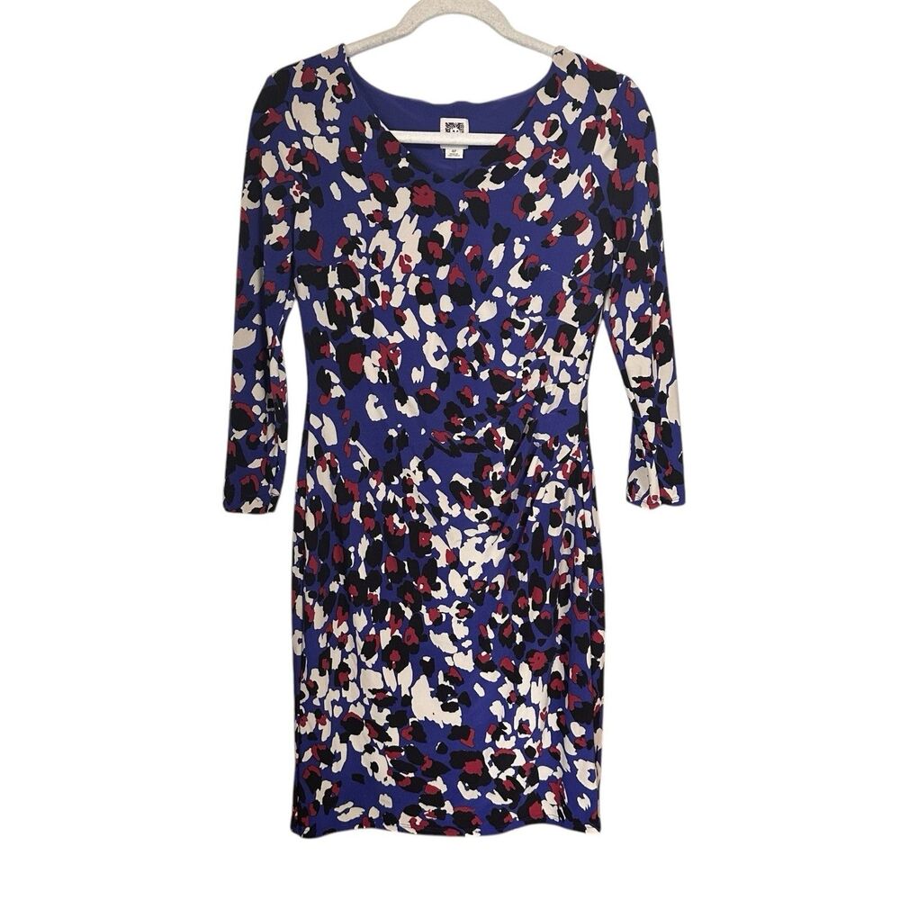 Anne Klein Womens Sz 4 Petite Blue 3/4 Sleeve V-Neck Cheetah Leopard Print Dress